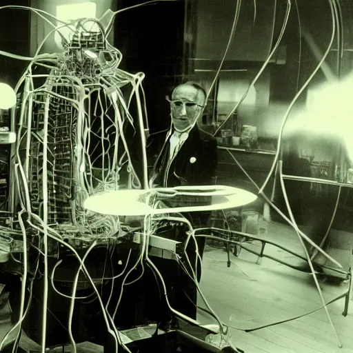 Image similar to filmstill of Marcel Duchamp working on a futuristic machine, long exposure, historical epic composition, in the style of Hito Steyerl and Andreï Tarkovski, archival pigment print