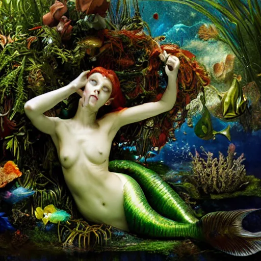 Image similar to a underwater mythological scene of a mermaid being wrapped in plants by jan van eyck, ernst fuchs, nicholas kalmakoff, joep hommerson, fish eye lense, fashion editorial, make - up artist, prosthetic makeup