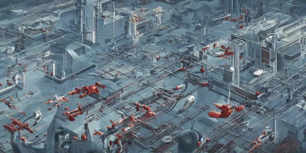 Prompt: Aerial shot of a Soviet era science fiction set painted by James Jean, cinematography by Yo-Yo Ma, composition by Fritz Lang