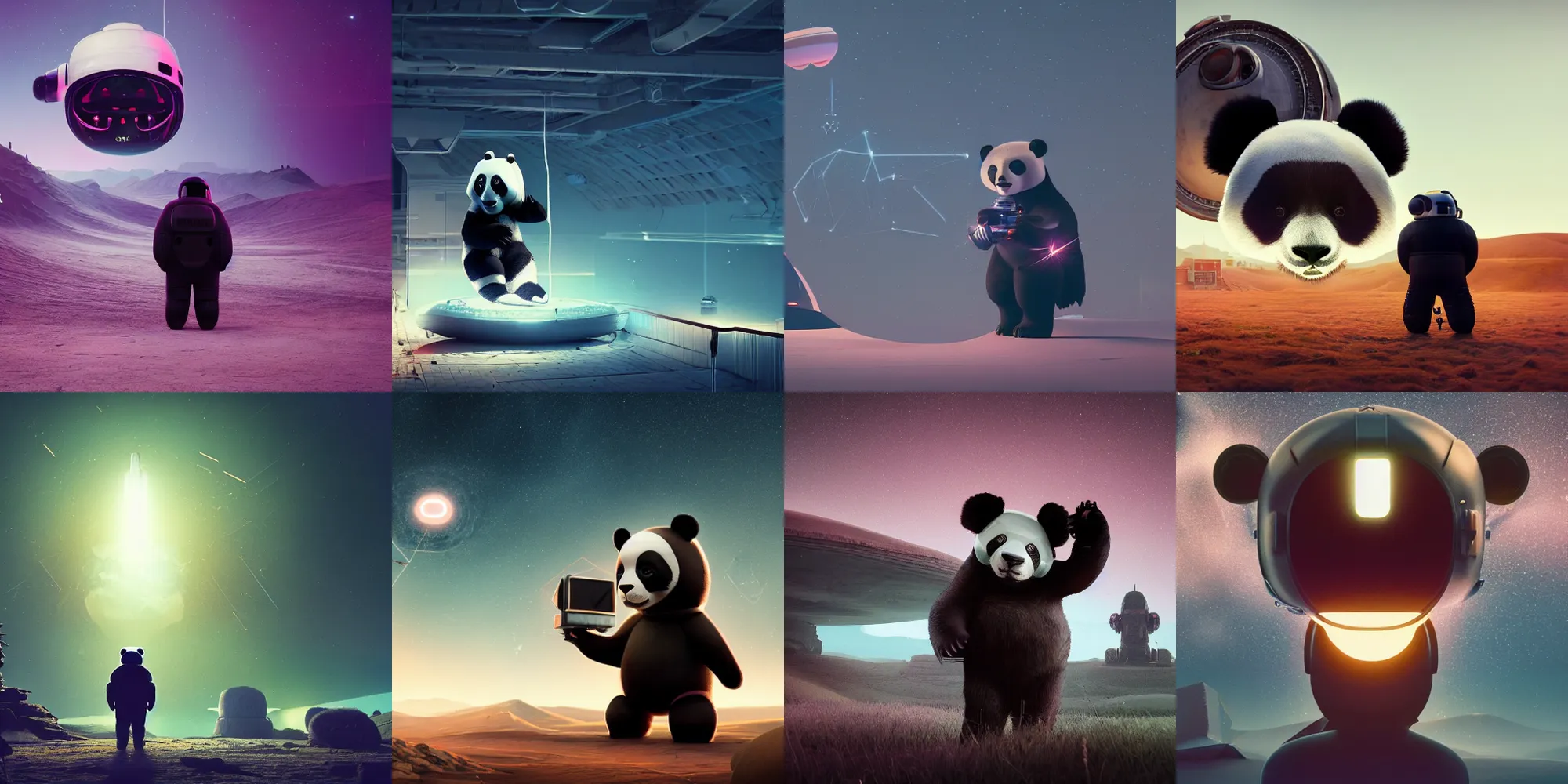 Prompt: beautiful dark landscape, panda bear wearing a space helmet standing looking at a giant cyborg robot panda bear head, in the style of beeple and Mike Winkelmann, photo real, ultra realistic, intricate, epic lighting, 8k resolution, unreal engine 5,
