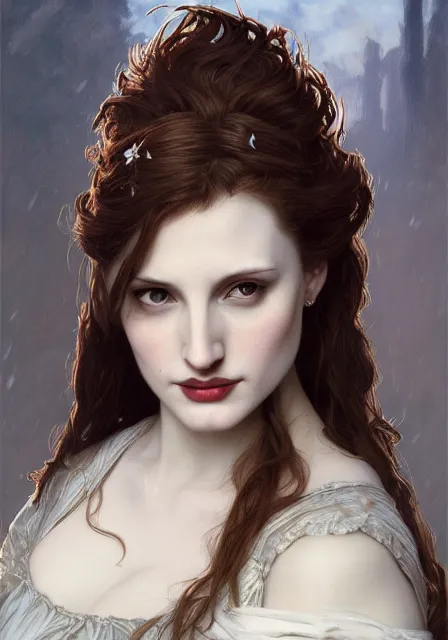 Image similar to sansa angeline jolie gessica chastain victorian vampire teeth, intricate, elegant, highly detailed, digital painting, artstation, concept art, smooth, sharp focus, illustration, art by artgerm and greg rutkowski and alphonse mucha and william - adolphe bouguereau