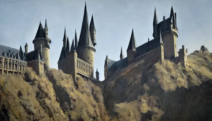 Image similar to painting by borremans, hogwarts castle, detailed, stunning