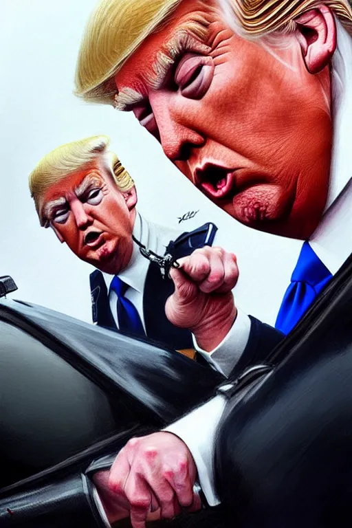 Prompt: donald trump being handcuffed by a police officer front of a police car, elegant, real life skin, intricate, high detailed, artstation, concept art, smooth, sharp focus, art by artgerm and greg rutkowski