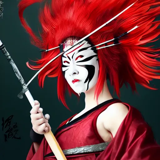 Prompt: an epic portrait of insane kabuki wielding a spear while striking a pose, magical aura of insanity driving beasts insane, intricate hakama, red wig, high energy, dramatic lighting, trending on artstation,