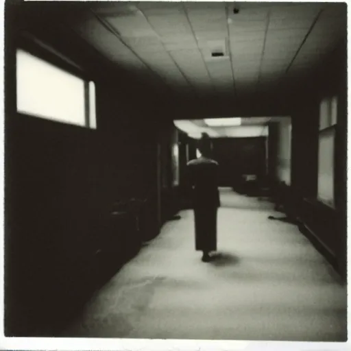Prompt: An old polaroid photograph of a creepy liminal office space with a tall slender scary figure in the hall