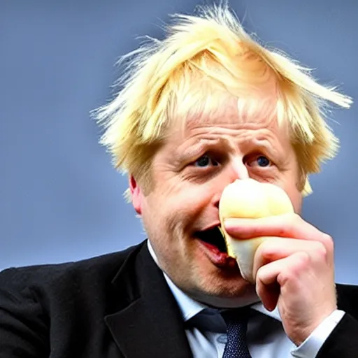 Prompt: boris johnson eating a hotdog mouth wide open, side profile