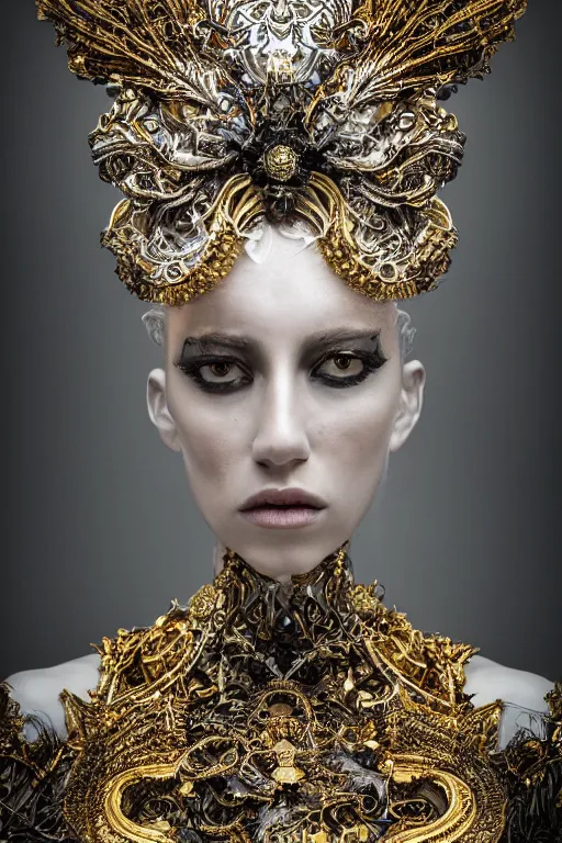 Image similar to a portrait of female model by stefan geselle and nekro borja, photorealistic, intricate details, hyper realistic, fantasy, ornate metal gold headpiece, photorealistic, canon r 3, photography, wide shot, photography, dark beauty, symmetrical features, wide angle shot, whole body, full body shot, standing pose, feet on the ground