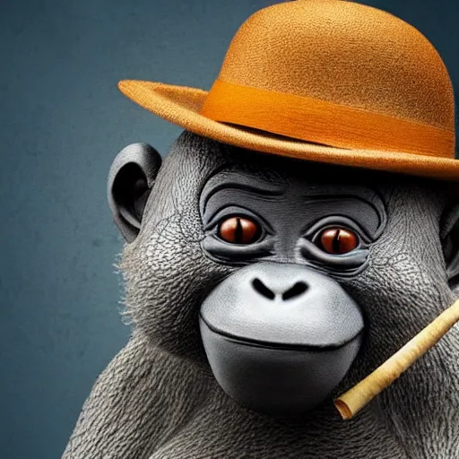 Image similar to a high detail closeup shot of a depressed monkey wearing a suit and smoking a cigar