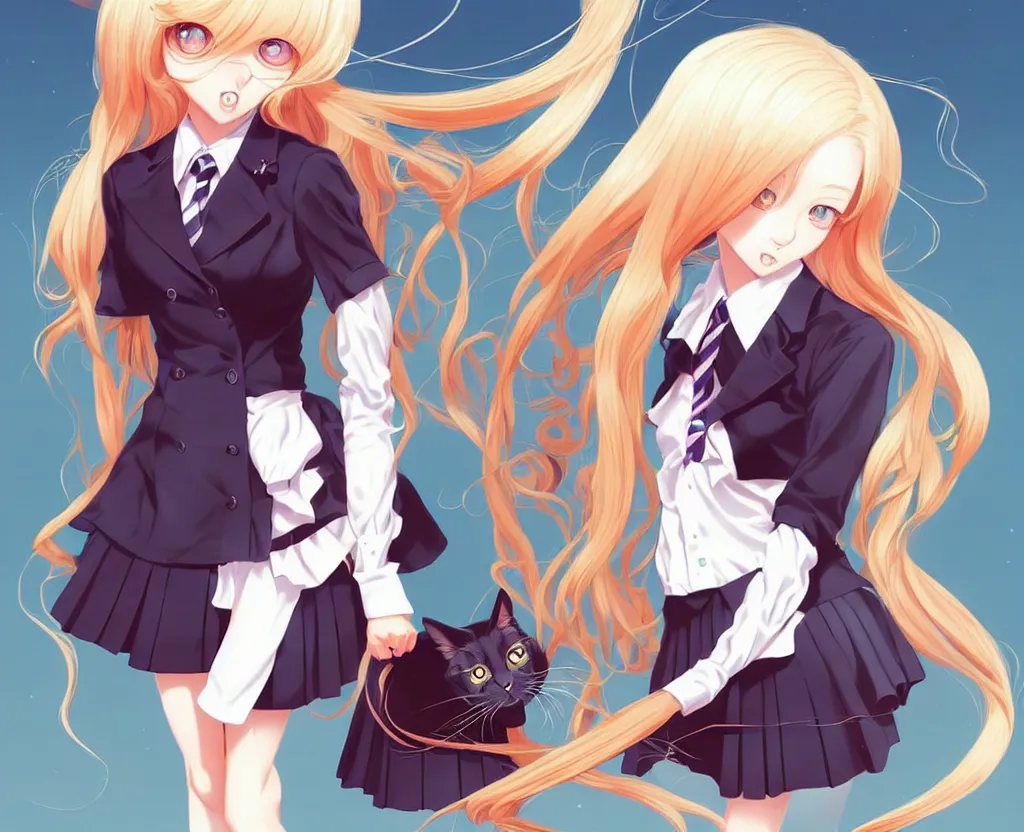 Image similar to cute rich demented prep school girl with long blonde hair happily sets cat aflame short silky hair velvet film occlusion shadow specular reflection rim light unreal engine artstation pinterest art by range murata and ilya kuvshinov intricate highly detailed 8 k illustration surreal