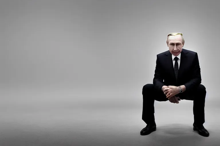 Prompt: a medium low angle shot of Vladimir putin sitting in squat position, looking at the camera, lit from below, shot from below, squatting, 8k, black background