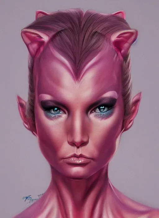 Image similar to a portrait of a pink cat hybrid human woman, art by boris vallejo and greg danton and denys tsiperko, detailed, hyperrealism, artstation