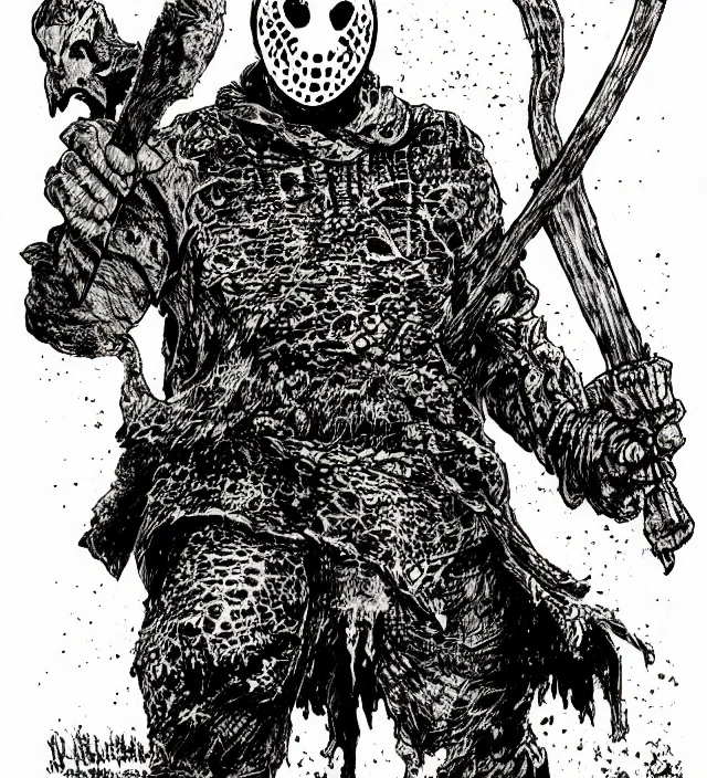 Image similar to Jason Voorhees as a D&D monster, pen-and-ink illustration, etching, by Russ Nicholson, DAvid A Trampier, larry elmore, 1981, HQ scan, intricate details, high contrast