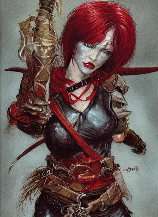 Image similar to portrait of strong female rogue, beautiful! coherent! dungeons and dragons character, by brian froud, strong line, night color, leather armor, short red hair, high contrast