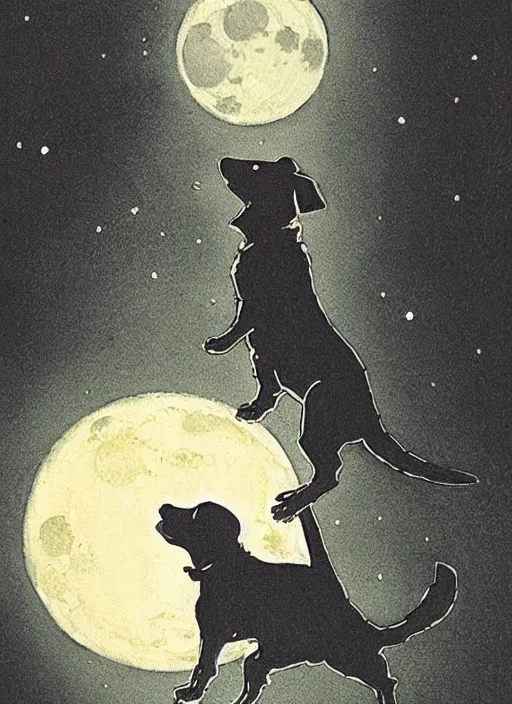 Image similar to jack russel dog silhouette howling at the moon, illustrated by peggy fortnum and beatrix potter and sir john tenniel