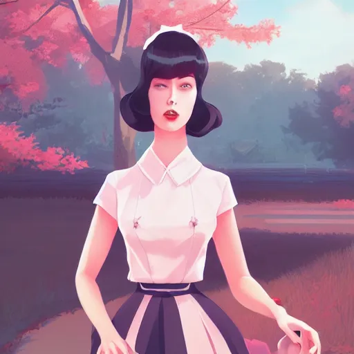 Image similar to a beautiful woman in 1950\'s fashion, park landscape, 4k, anime key visual, lois van baarle, ilya kuvshinov, rossdraws, artstation