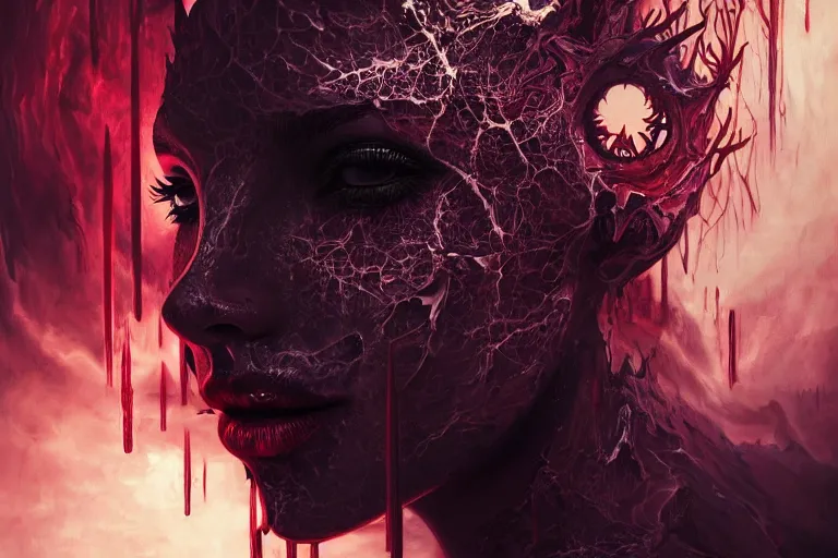 Prompt: surreal Portrait of beautiful seductive Dark demonic godeness of destruction and war covered in blood in dmt chromatic surreal liquid enviroment , elegant, highly detailed, smooth, photoreal, sharp focus, illustration, beautiful, geometric, dmt trending on artstation, cinematic, artwork by WLOP