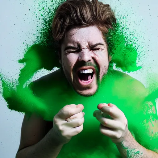 Image similar to man covered in green powder laughing hysterically, hyper detailed, award winning photograph, 8k image