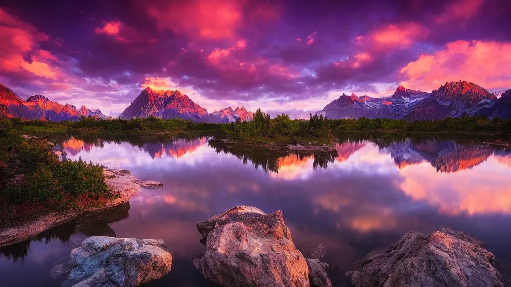 Prompt: amazing landscape photo of mountains with lake in sunset and purple sky by marc adamus, beautiful dramatic lighting