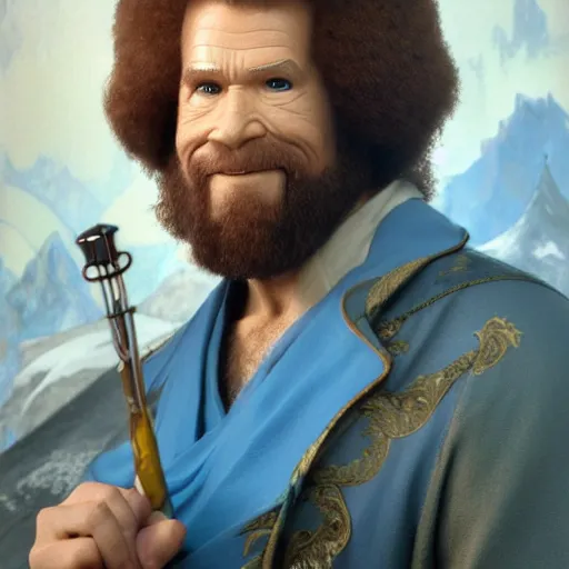 Image similar to an ultra detailed matte painting bob ross as a blue mage from final fantasy, fantasy concept art by alphonse mucha and greg rutkowski, octane render, 8 k, detailed face