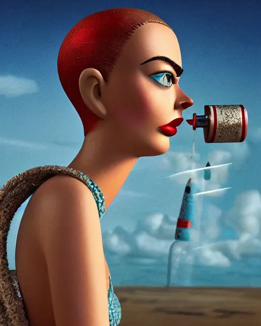 Image similar to closeup face profile portrait of a tin toy retro 1 9 5 0 s cara delevingne at a rocket launch, bikini, depth of field, zeiss lens, fashion photoshoot by nicoletta ceccoli, mark ryden, lostfish, breathtaking, detailed and intricate environment, 8 k resolution, extremely detailed, beautiful, establishing shot, artistic, hyperrealistic, octane render