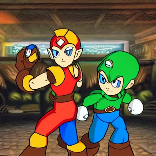 Image similar to mega - man and link from zelda in a bar trying to pick up samus from metroid real