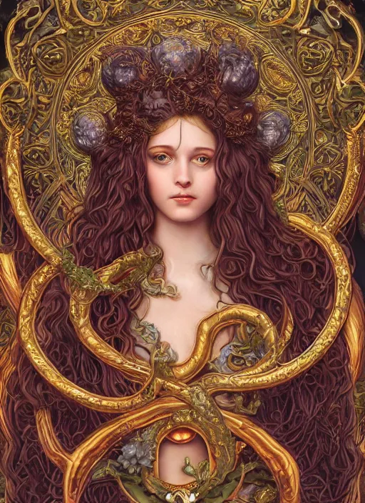 Image similar to ultradetailed ornate pre-raphaelite RPG illustration of a beautiful symmetric Medusa radiating a glowing aura wearing an art nouveau flowery armor with much decorum, digital airbrush painting, 3d rim light, hyperrealistic masterpiece, artstation, cgsociety, kodakchrome, golden ratio