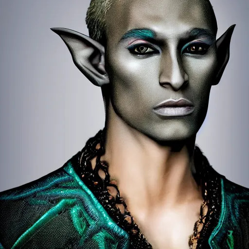 Prompt: haute fashion magazine head and shoulders portrait photo of a male drow elf