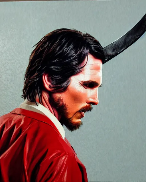 Image similar to oil painting portrait of christian bale american psycho holding an axe, cinematic lighting, high production value, intricate details, high resolution, hdr, high definition, masterpiece, realistic, ultrarealistic, highly detailed, hd, sharp focus, non blurry, sharp, smooth