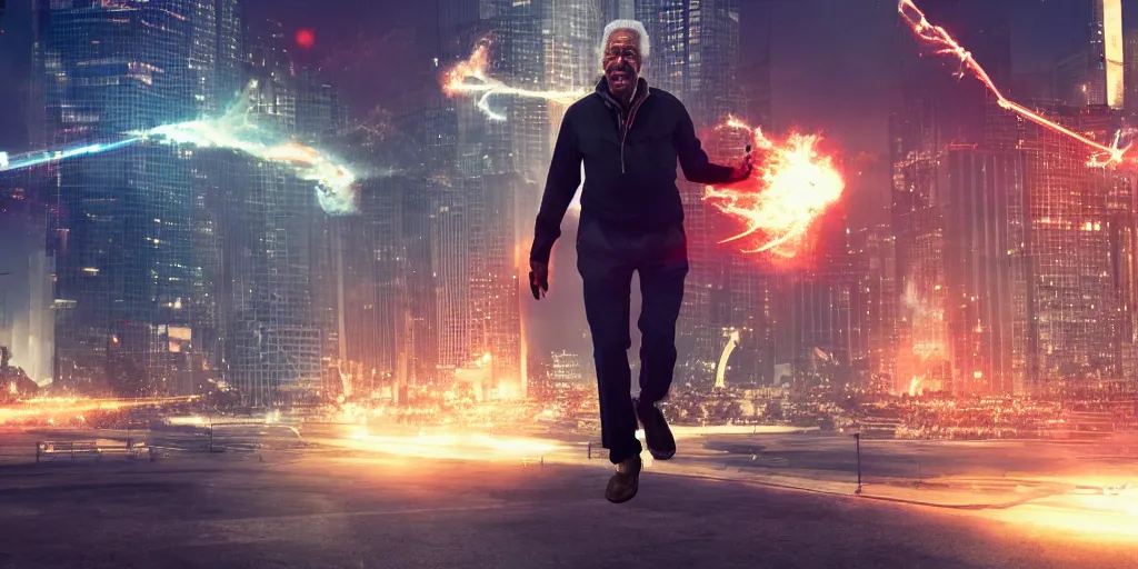 Prompt: gigantic morgan freeman doing a bridge handstand on the ground while destroying a city throwing lasers from his eyes, night, realism, 4 k, octane render, award winning photograph, cinematic shot