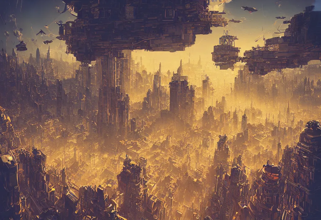 Prompt: flying city by alena aenami, city in the sky, buildings are flying, steampunk, digital art, 4 k, trending on artstation, impressive, epic composition, highly detailed, golden hour, no ground