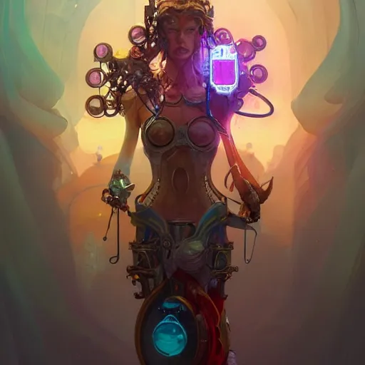 Prompt: the old wizard, cyberpunk, bionics, augments, lights, cables, elegant gleaming intricate baroque jewellery, colorful, vivid, imposing, epic, digital painting, artstation, concept art, by peter mohrbacher and wlop and rhads,