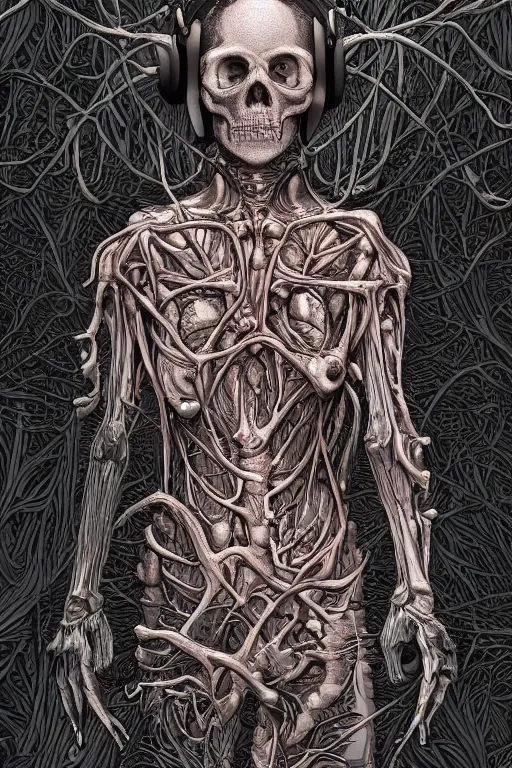 Image similar to a girl in a closed helmet-skull in a alive biopunk dress consisting of swollen muscles, tendons, bones joints, protruding pistons. masterpiece 4k digital design by Takato Yamamoto, award winning, Artstation, Takato Yamamoto aesthetic, Neo-Gothic, gothic, forest on background, intricate details, realistic, hyperdetailed, 8k resolution