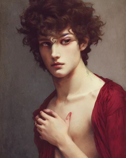 Prompt: a beautiful but sinister young man in layers of fear, with haunted eyes and curly hair, 1 9 7 0 s, seventies, delicate embellishments, a little blood, crimson, painterly, offset printing technique, by alexandre cabanel