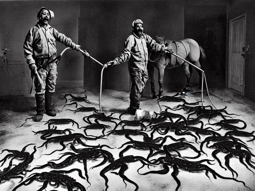 Prompt: a putrefying portrait photograph of a janitor who is gradually being invaded by horses. the floor is covered in a thick layer of gelatin and the janitor is coughing up a fine mist of squids and tadpoles