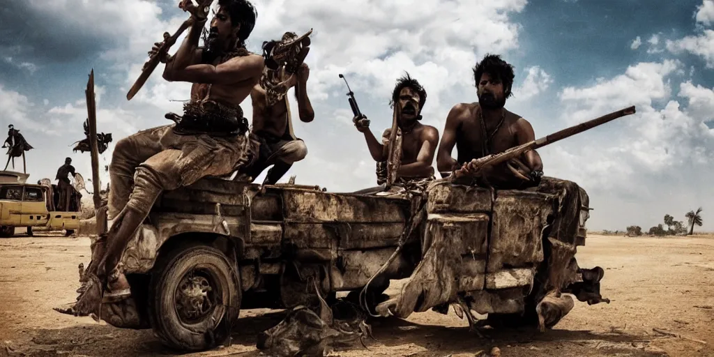 Prompt: sri lankan mad max style, playing bongo drum, on top of a truck, film still, epic shot cinematography, rule of thirds