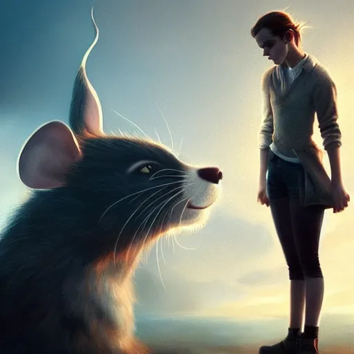 Prompt: emma watson standing in front of a giant mouse, digital art by greg rutkowski, artstation, but as photography by annie leibovitz