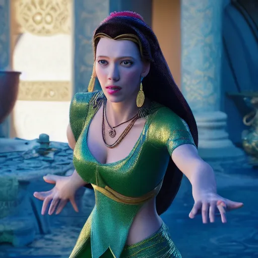 Prompt: Scarlet Johanson as Jasmine the disney princess in Aladin, dessert, cyberpunk, 8k