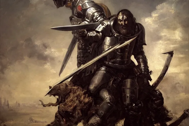 Prompt: portrait, realistic painting image about a templar knight has a chainsaw, versus a monster. dramatic scene, horror, dramatic lighting realism, created by gustave courbet and michaelangelo, trending in artstation, fine art, smooth draw with oil painting.