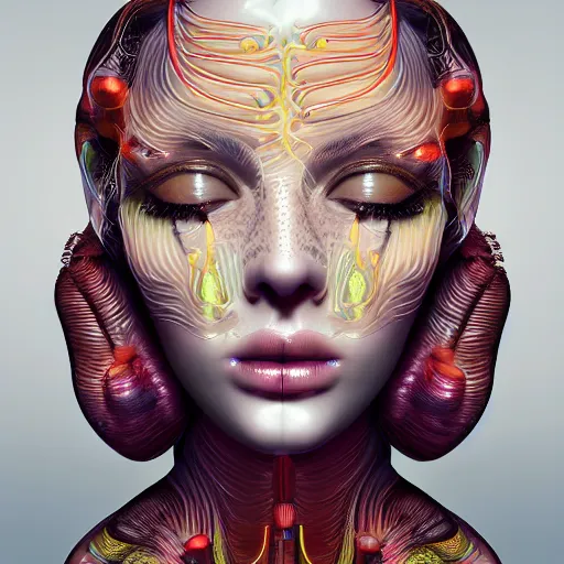 Prompt: very beautiful woman, open eyes, full face frontal centered, portrait, detailed intricate symmetrical ornate neon cables connected to head, clear lips, luxurious hair, sophisticated abundent wiring and implants, translucent, porcelain, fractal, sci - fi, dramatic lighting, photography, highly detailed, trending on artstation, deviantart, 8 k, by chie yoshii