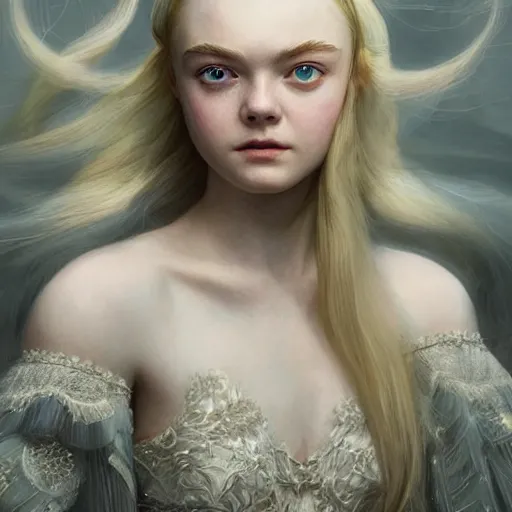 Image similar to a professional painting of Elle Fanning, clothed in ethereal armor, porcelain white skin, long blonde hair, beautiful bone structure, symmetrical facial features, intricate, elegant, digital painting, concept art, smooth, sharp focus, illustration, from Dark Souls, by Edward Hopper and Johannes Vormeer and Artgerm and William-Adolphe Bouguerea