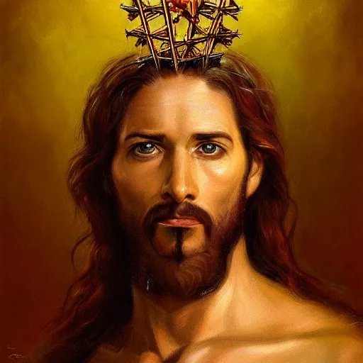 Image similar to portrait of jesus with the head of a lizard lizard lizard lizard lizard, surrealist, crown of thorns, cross, christianity, intricate, elegant, highly detailed, centered, grungy, digital painting, artstation, concept art, smooth, sharp focus, boris vallejo