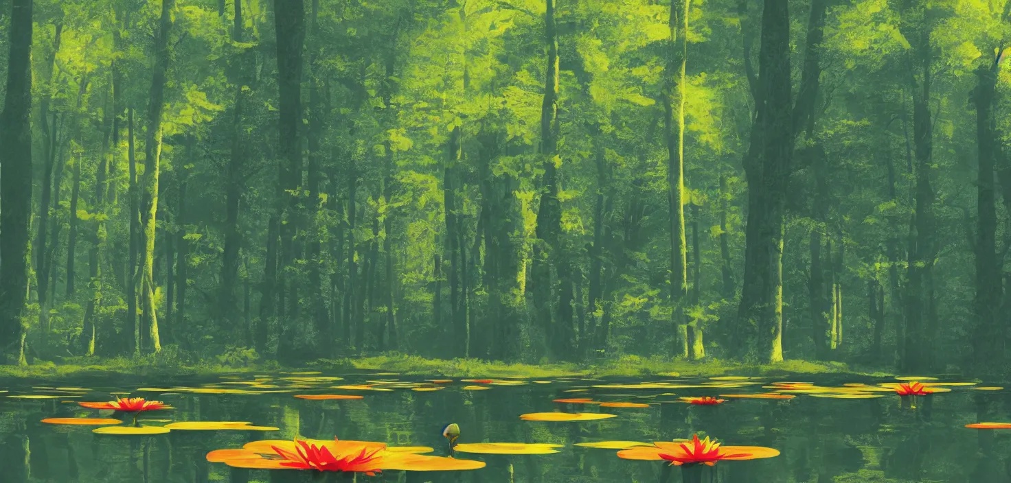 Image similar to a forest atmosphere floating on a large lily pad, photoillustration ink drawing acrylic art digital illustration oil on canvas photorealistic polished sci - fi filmic stock photo landscape polished photorealistic, by moebius and edward hopper, vivid bright light, colorful flat surreal design, hd, 4 k, artstation