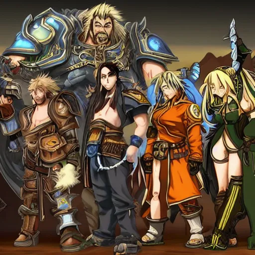 Image similar to anime style warcraft 3 characters drinking beer in postapocalyptic bar, arthas, nerzul, archimond, ktun, nzoth