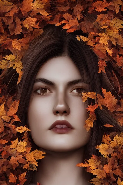 Prompt: young woman's face surrounded by Autumn leaves, long black hair, pale skin, symmetrical face, octane render, hyper-realism, photorealism, 4k, dramatic lightning, by Goya,