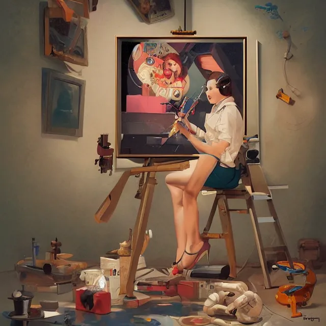 Image similar to robot artist painting a self - portrait on a canvas. intricate, highly detailed, digital matte painting, in the style of sachin teng, and in the style of gil elvgren. irony, recursion, inspiration.