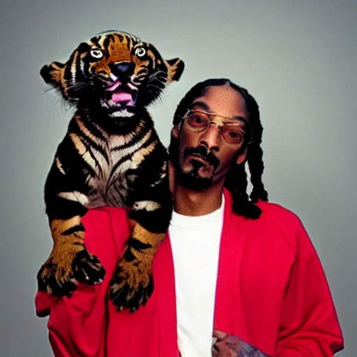 Image similar to Snoop Dogg holding a tiger for a 1990s sitcom tv show, Studio Photograph, portrait, C 12.0
