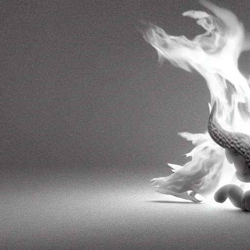 Prompt: cute fumo plush of a dragon girl breathing fire, vray vfx, fire and smoke simulation, black and white