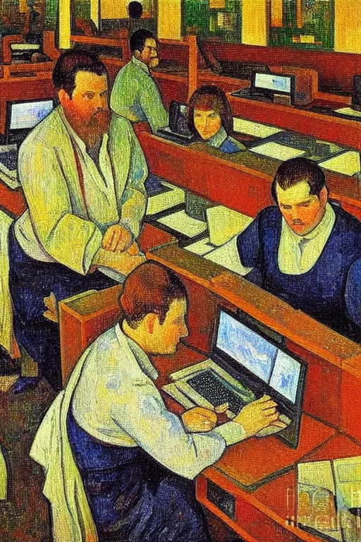 Image similar to oil painting highly detailed computer workers in office painted by paul gaugin, impressionism