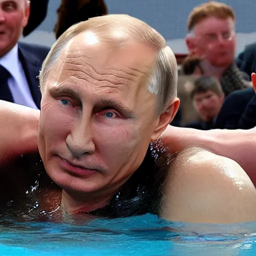 Prompt: putin bathes in a pool with bears