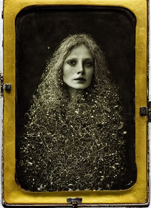 Image similar to old wetplate daguerreotype portrait of the witch, explosion of data fragments, fractal, intricate, elegant, highly detailed, parallax, leica, medium format, subsurface scattering, by jheronimus bosch and greg rutkowski and louis jacques mande daguerre